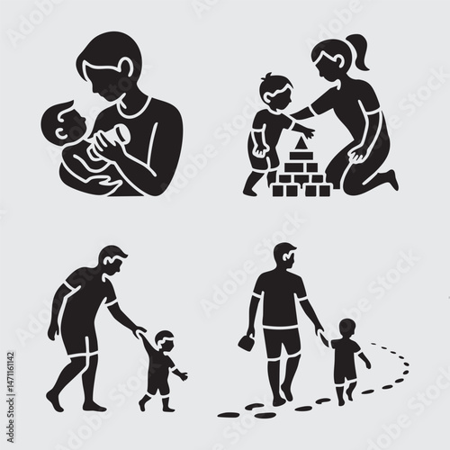 Family life silhouettes depicting parenting nurturing and support with loving interactions of father and mother