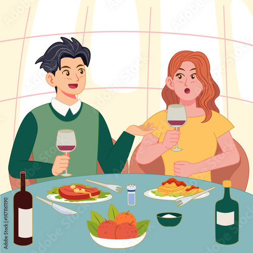 Flat vector illustration of a couple dining and talking over wine in a cozy setting. Great for concepts of romantic dinner, communication, lifestyle, date night, and modern food culture visuals.