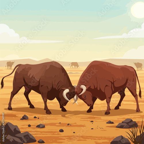 Two Bulls Butting Heads in Dry Landscape Under a Sunny Sky