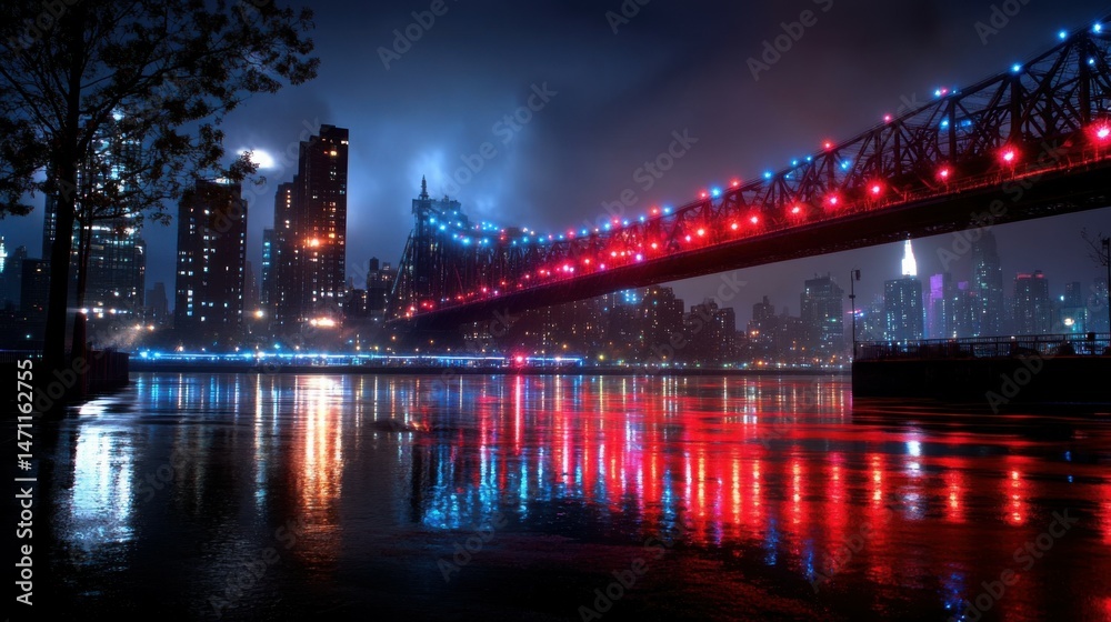 Fototapeta premium A nighttime view of a lit-up city bridge
