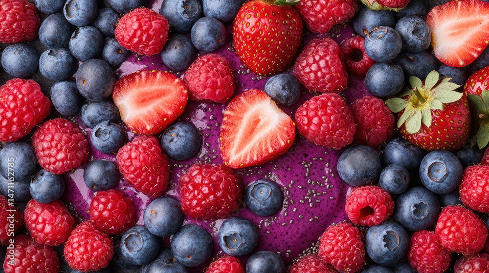 Vibrant acai smoothie bowl topped with fresh strawberries, blueberries, and raspberries Vibrant acai smoothie bowl topped with fresh strawberries, blueberries, and raspberries