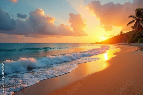 Golden sand beach at sunset, tranquil ocean waves gently lapping the shore , golden hour, tropical