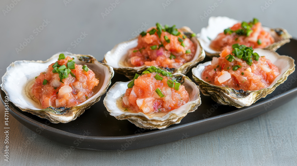 Freshly shucked oysters topped with vibrant salsa and herbs, perfect for seafood lovers Freshly shucked oysters topped with vibrant salsa and herbs, perfect for seafood lovers