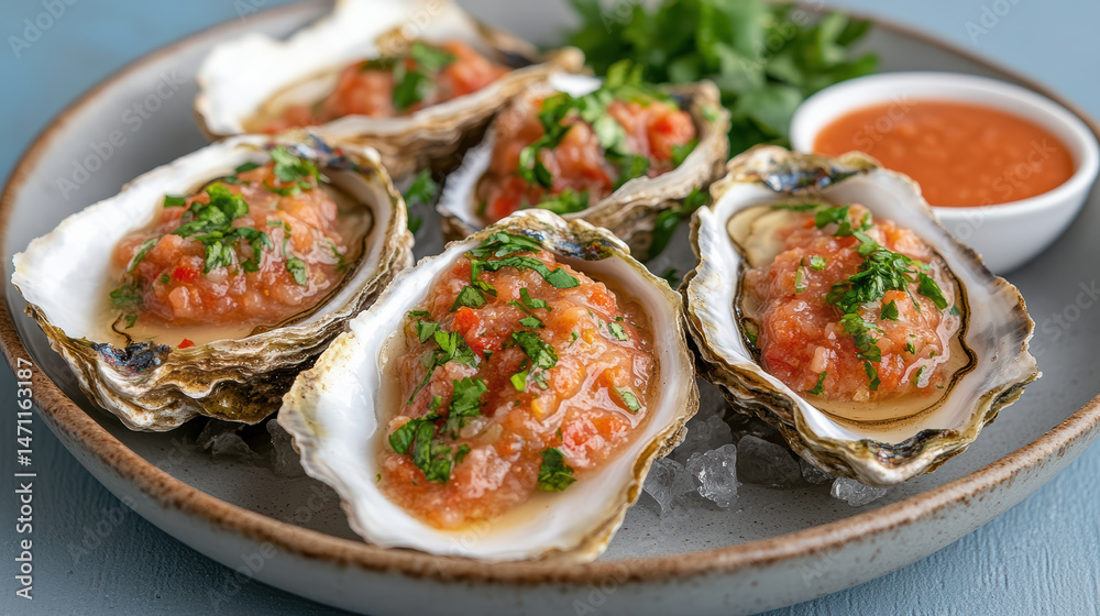 Freshly shucked oysters topped with vibrant salsa and herbs, served on ice Freshly shucked oysters topped with vibrant salsa and herbs, served on ice