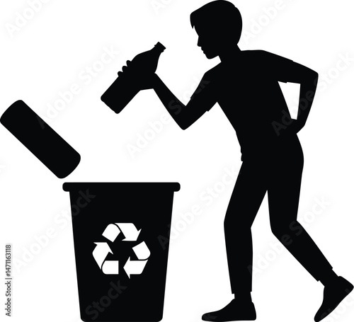 Silhouette of person recycling bottle into bin showing environmental responsibility