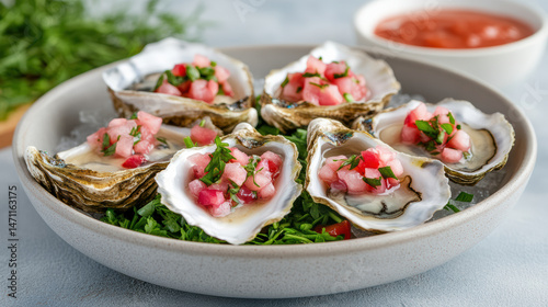 Freshly shucked oysters topped with salsa and herbs, served on ice for delightful taste