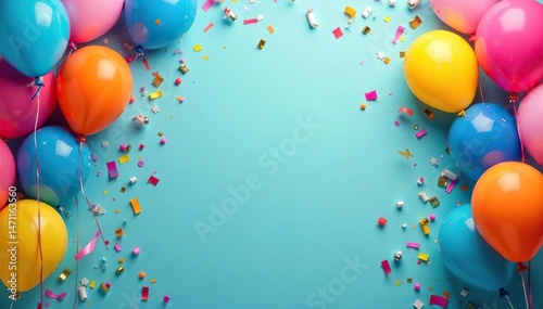 Joyful celebration scene with colorful balloons, confetti, and streamers Festive, happy, party, event , party supplies, anniversary, merrymaking
