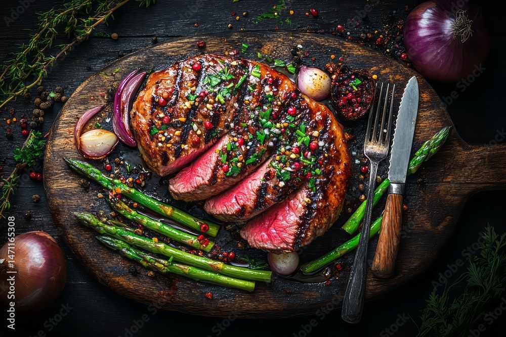 Naklejka premium Sliced steak with asparagus and herbs on a rustic board.