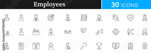 Employees, social issues icon pack | Detailed Outline | Editable Stoke 30 icon | Victor illustrator.