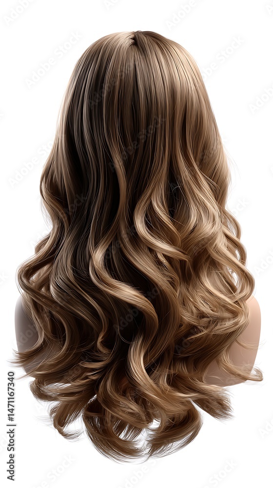 Naklejka premium Wavy hairstyle with layered hair and blonde highlights natural curls caramel balayage voluminous wig in fashion setting