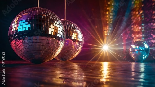 Disco Party Background – Glowing Mirror Disco Balls & Light Rays for Musical Dance Event