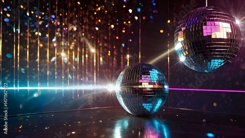 Disco Party Background – Glowing Mirror Disco Balls & Light Rays for Musical Dance Event