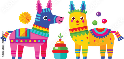 Decorative Donkey And Llama Pinata Clipart Set For Holiday Invitations