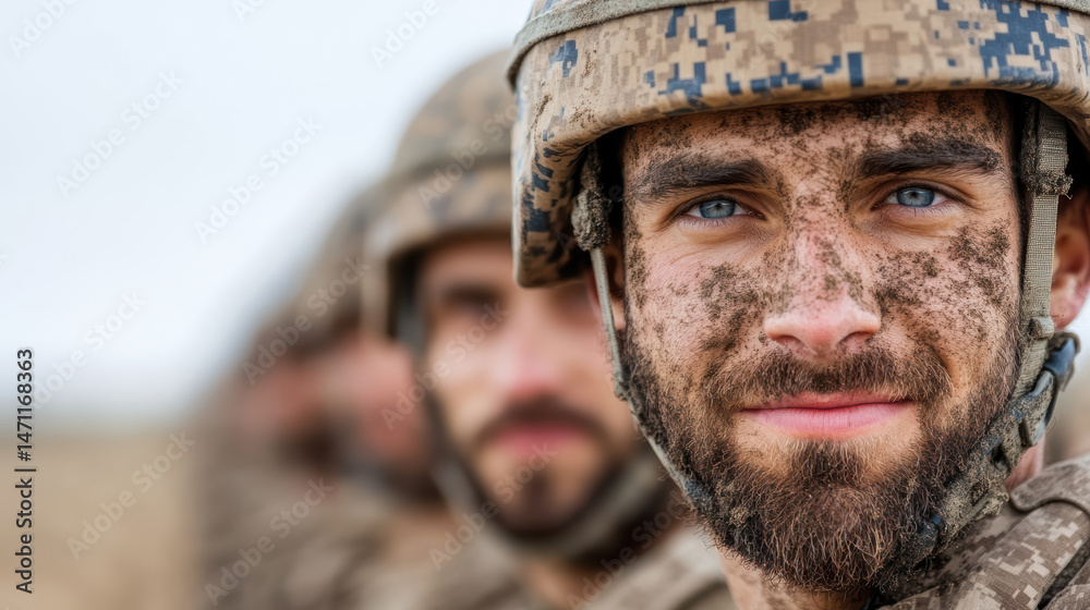 Fototapeta premium Military training program featuring soldiers camouflage uniforms, showcasing determination