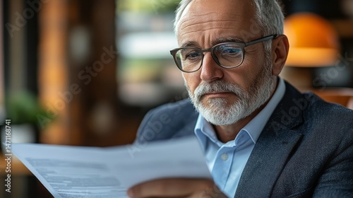 Close-up of a mature man intently reviewing documents.
