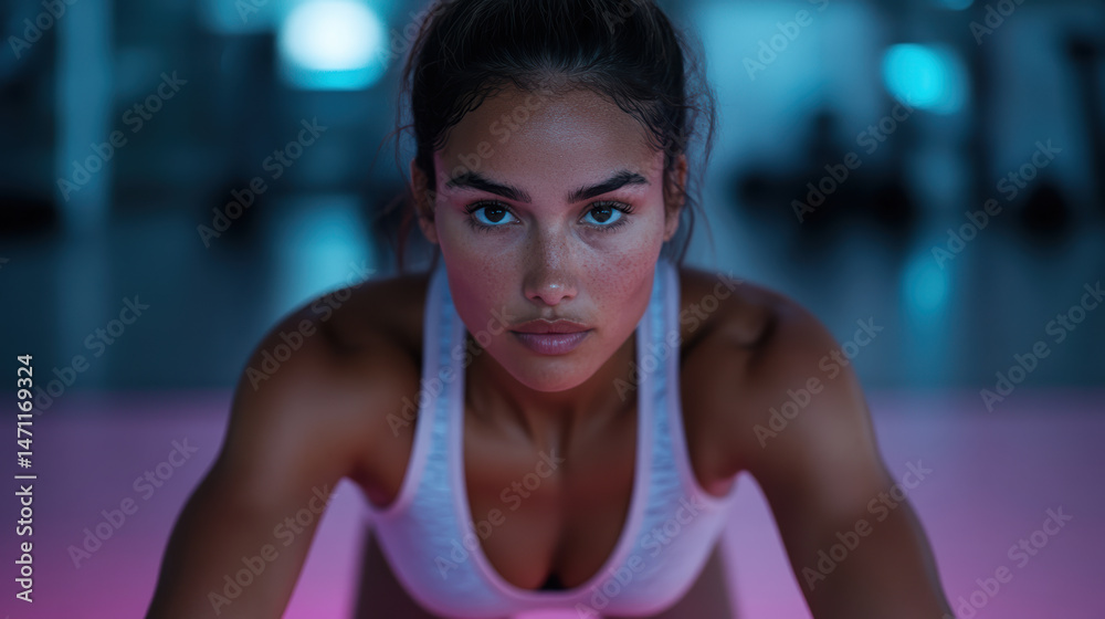 Fit woman in neon lit gym, focused on her workout, showcasing determination and strength Fit woman in neon lit gym, focused on her workout, showcasing determination and strength