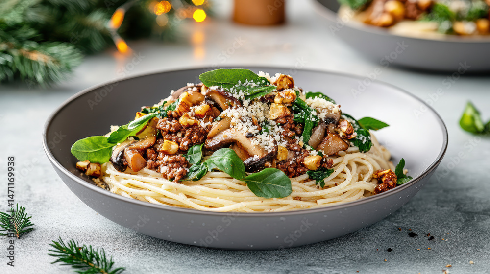 Plant based spaghetti bolognese with mushrooms, spinach, and nuts, beautifully presented Plant based spaghetti bolognese with mushrooms, spinach, and nuts, beautifully presented