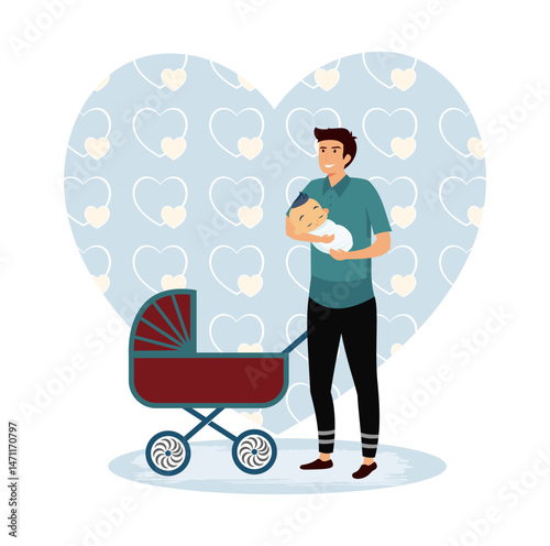 Take care of baby concept. Father Caring for Newborn Baby with Stroller.