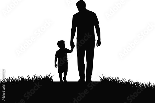Father and son walking together silhouetted with a grassy field in a monochrome style