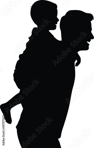 Father carries son on shoulders silhouette depicting love and family connection