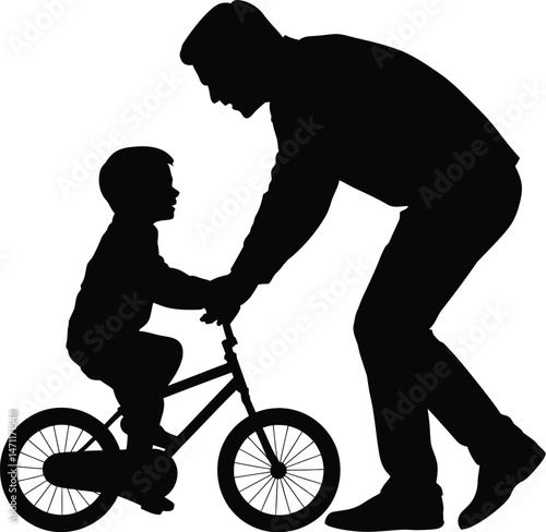 Father helping son learn to ride a bicycle silhouette depicting a bonding moment of love