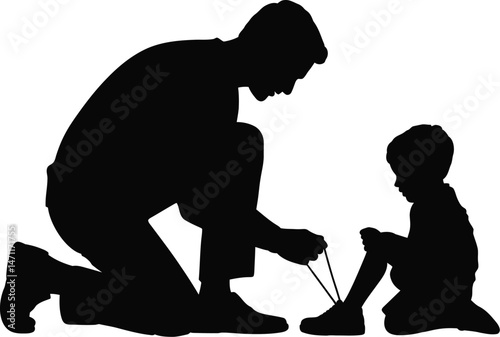 Father kneeling to help his son tie his shoelaces silhouette on white background