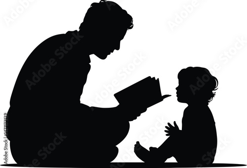 Father reading a book to a baby silhouette depicting parental love and early learning