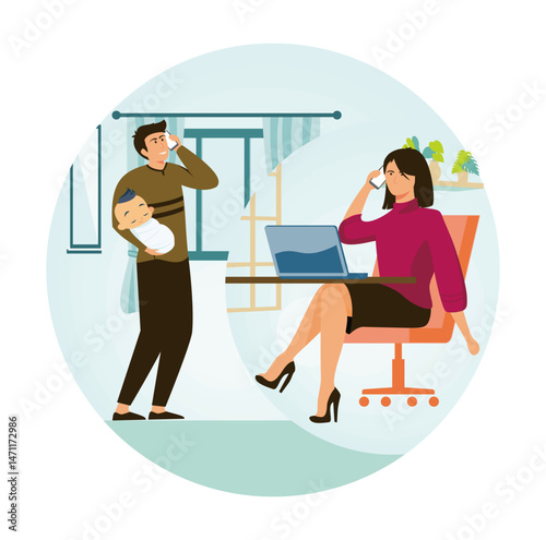 Paternity leave instead of maternity one. Young man on call with wife working at office.