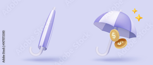 3D money coin saving on umbrella. Insurance protection with bundles cash and floating coins exchange with finance business concept, earning investment. 3d money icon vector rendering illustration