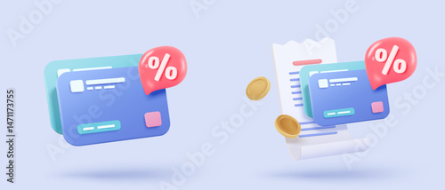 3D bill payment with credit card and financial for online shopping, payment credit card with alert notification. Invoice transaction with money coin. 3d receipt vector icon render illustration