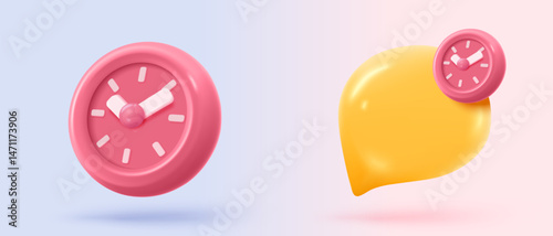 3D alarm clock icon with chat notice bubble. New urgency reminder concept for social media element speech. 3d hour announce icon for urgency time vector render illustration