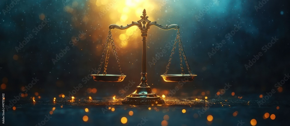 Obraz premium Golden scale of justice in dramatic lighting.