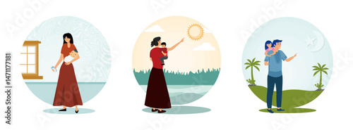 Family maternity paternity leave. Mother Holding Child and Pointing To Sun. Father with girl concept