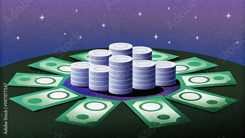 Stack of Paper Money with Coin Piles in Modern Financial Illustration