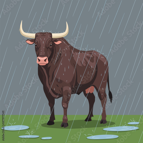 Bull Standing in Rain with Puddles on Green Grass Field