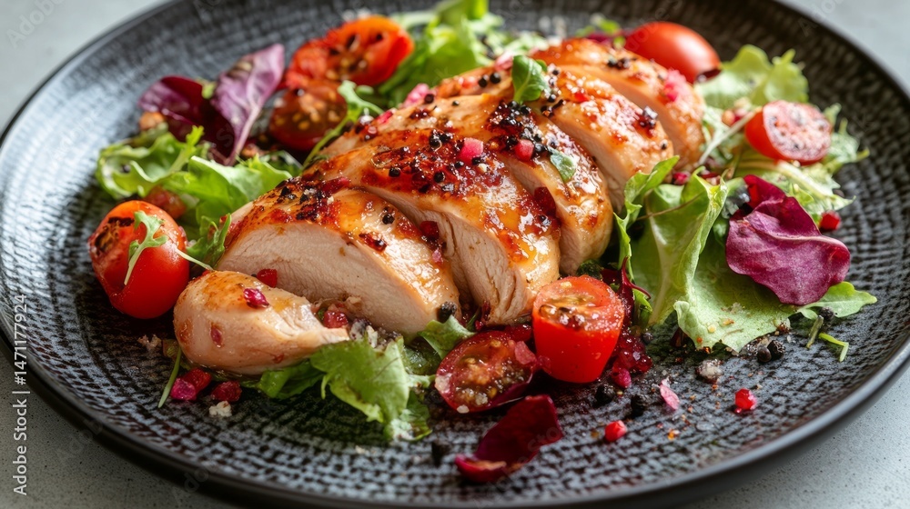 Sliced roasted chicken breast atop a healthy salad plate. Sliced roasted chicken breast atop a healthy salad plate.