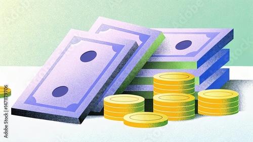 Stack of Paper Money with Coin Piles in Modern Financial Illustration