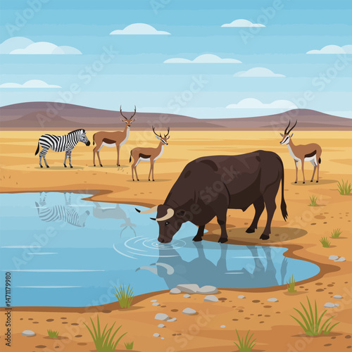 Animals Gather at a Waterhole in an African Savannah Scene