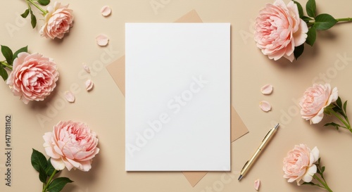 Paper with Rose Flower and Pen on Beige Background