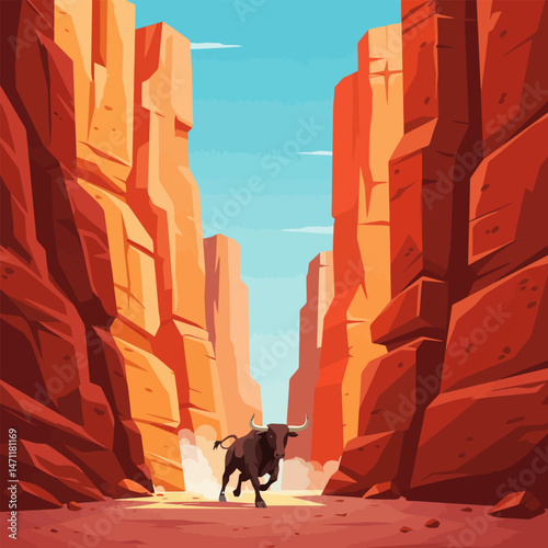 Running Bull in Canyon with Orange Cliffs Under Bright Sky