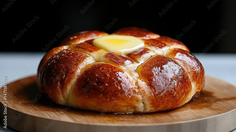 A hot cross bun with butter melting on top A hot cross bun with butter melting on top