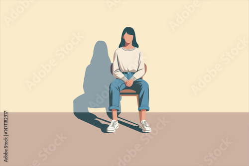 Vector illustration of a young woman sitting calmly on a chair with hands on lap, wearing casual clothes and sneakers. Ideal for concepts of waiting, patience, simplicity, or everyday life.