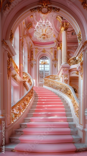 Stunning royal pink staircase with golden railing and detailed ceiling chandelier architecture high resolution photo