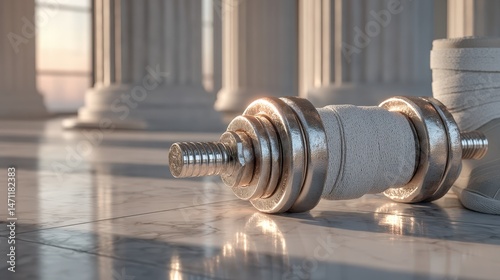 Wallpaper Mural Pair of silver dumbbells beside a foot wrapped in a brace on a clean minimalist surface indicating injury recovery Torontodigital.ca