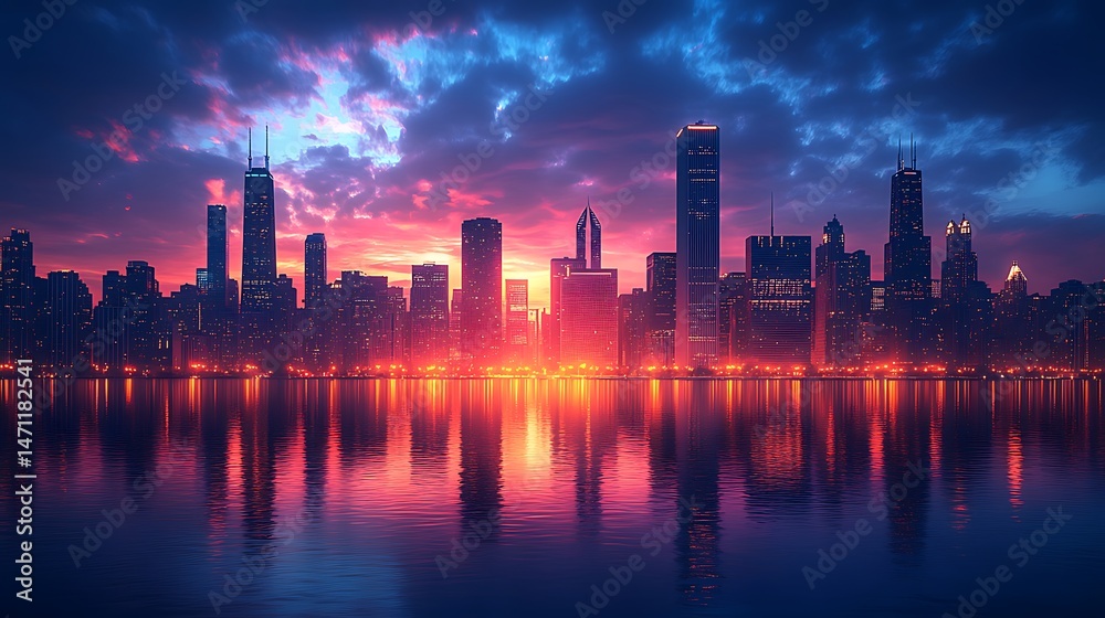 Fototapeta premium Stunning Sunset Over City Skyline Reflection Scene high resolution image