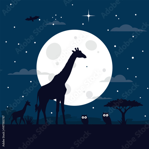 Giraffe Silhouette at Night with Moon and Stars in Vector