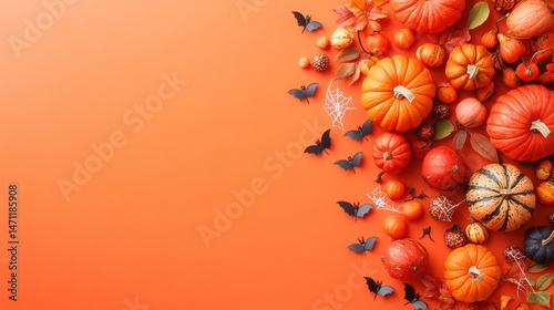 Autumn's Embrace: A vibrant collection of pumpkins, gourds, and fall foliage create a vivid and artistic arrangement, symbolizing the warm tones of autumn season. 