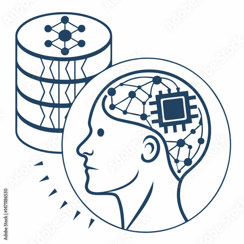 AI-themed database icon with neural network and brain chip motif