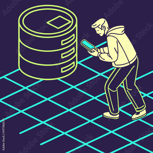 Neon wireframe database icon hovering above digital grid surface