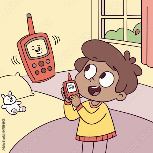 Adorable kid checking glucose with magical talking cartoon device